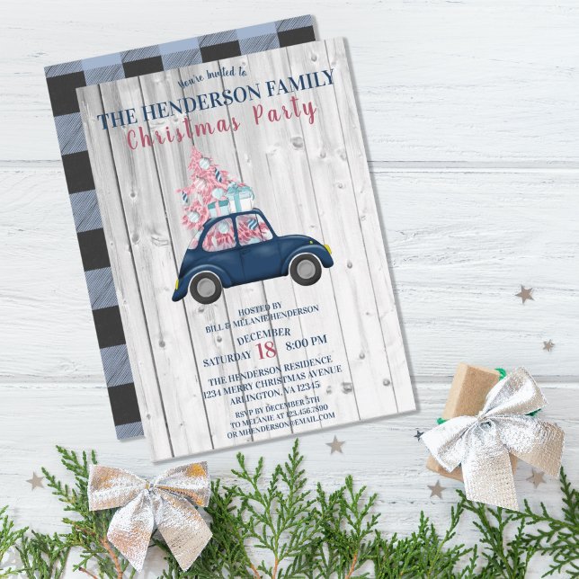 Retro Blue Car Pink Xmas Tree Christmas Party Invitation (Creator Uploaded)