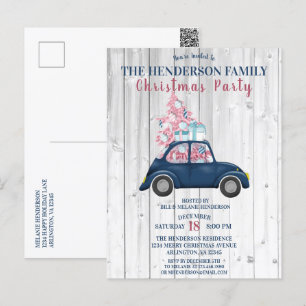 Retro Blue Car Pink Xmas Tree Christmas Party Postcard