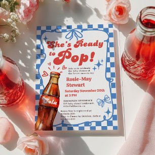 Retro Blue Checker Ready to Pop Cola Baby Shower Invitation