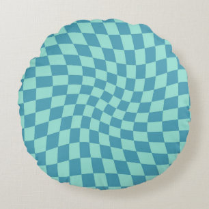 Retro Blue Checks Warped Chequered Dorm Round Cushion
