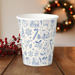 Retro Blue Christmas Doodle Paper Cups