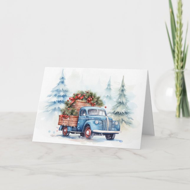 Retro Blue Christmas Truck Holiday Card (Front)
