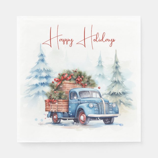 Retro Blue Christmas Truck Napkin (Front)