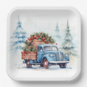 Retro Blue Christmas Truck Paper Plate