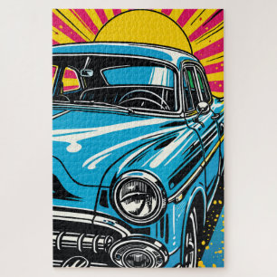 Retro Blue Classic Car Front Pop Art Illustration Jigsaw Puzzle