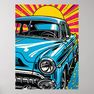 Retro Blue Classic Car Front Pop Art Illustration Poster