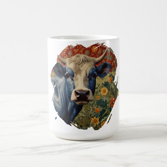 Retro Blue cow in sunflower garden Coffee Mug (Center)