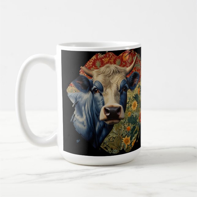 Retro Blue cow in sunflower garden Coffee Mug (Left)