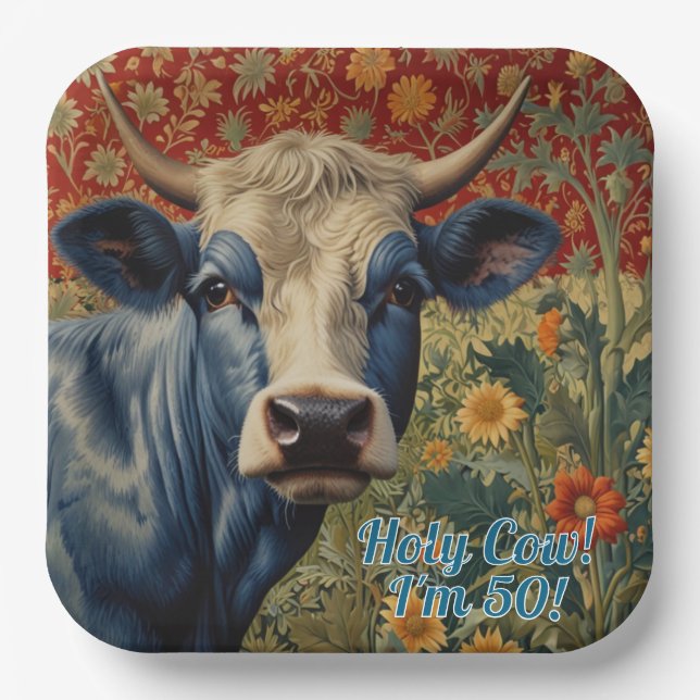Retro Blue cow in sunflower garden Paper Plate (Front)