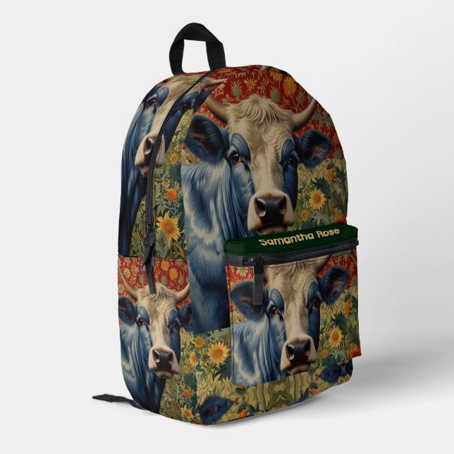 Retro Blue cow in sunflower garden Printed Backpack (Back Corner Left)