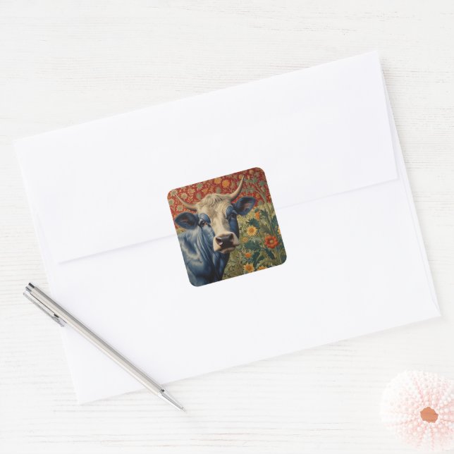 Retro Blue cow in sunflower garden Square Sticker (Envelope)