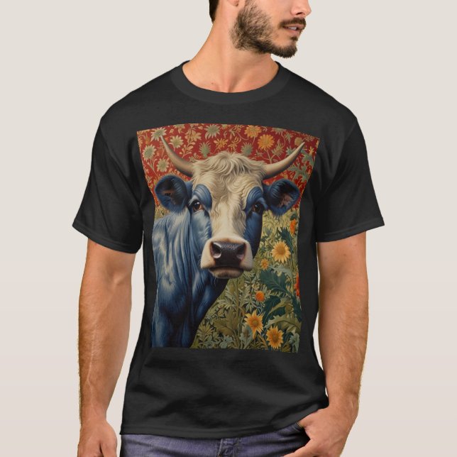 Retro Blue cow in sunflower garden T-Shirt (Front)