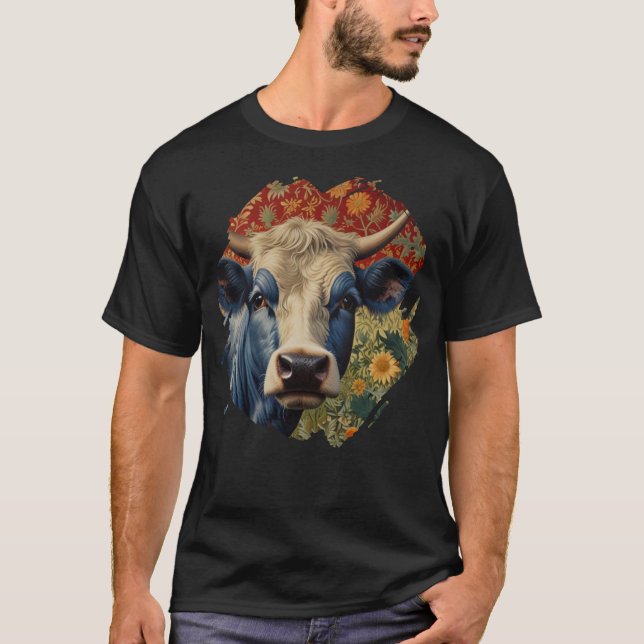 Retro Blue cow in sunflower garden T-Shirt (Front)