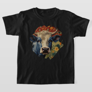 Retro Blue cow in sunflower garden T-Shirt