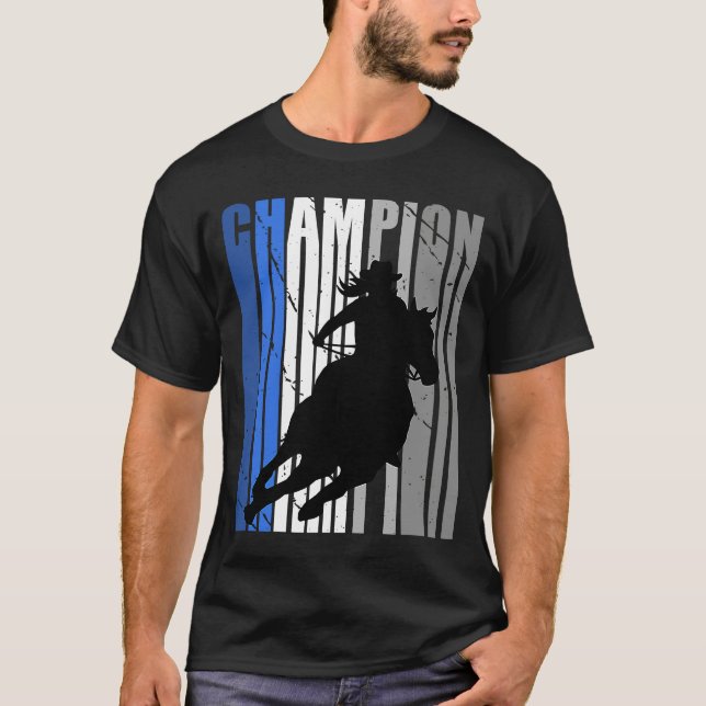 Retro Blue Cowgirl Champion Horse Riding Barrel Ra T-Shirt (Front)