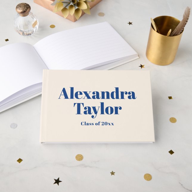 Retro Blue Cream Cute Aesthetic Custom Graduation Guest Book (Front Open)