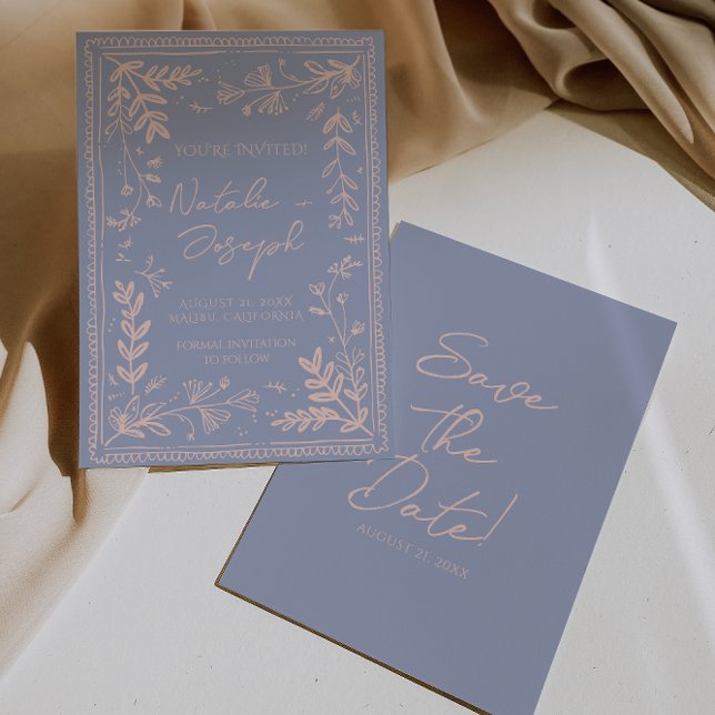 Retro Blue Cream Drawn Floral Garden Save The Date (Creator Uploaded)