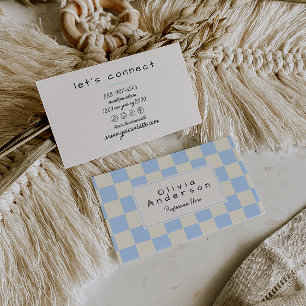 Retro Blue Cream Wavy Chequered Boho Pastel Business Card