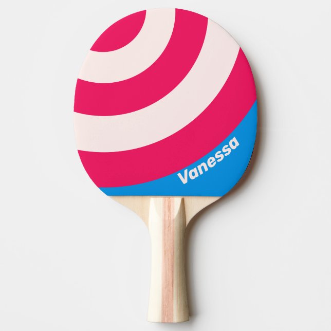 Retro Blue Crush Circle Stripe with Name Ping Pong Paddle (Front)
