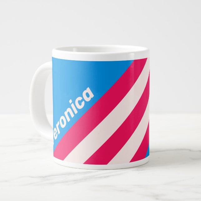 Retro Blue Crush Stripes with Name Large Coffee Mug (Front Left)