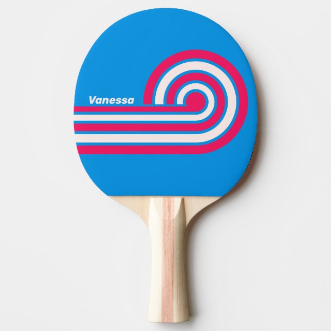 Retro Blue Crush Stripes with Name Ping Pong Paddle (Front)