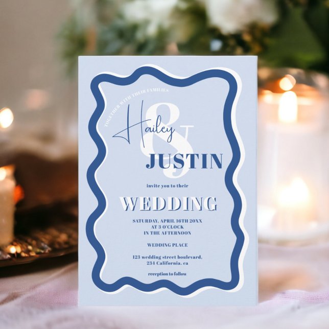 Retro blue curve squiggle wavy wedding photo invitation (Retro blue curve squiggle wavy wedding photo invitation)