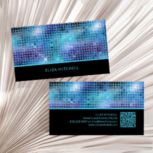 Retro Blue Disco Ball Mirror QR Code Business Card
