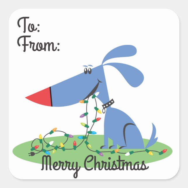 Retro Blue Dog with Lights Christmas Gift Tag (Front)
