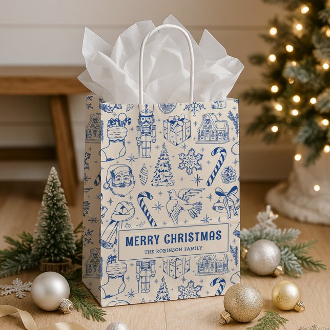 Retro Blue Doodle Merry Christmas Medium Gift Bag (Creator Uploaded)