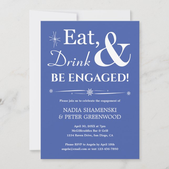 Retro Blue Eat Drink Be Engaged Engagement Party Invitation (Front)