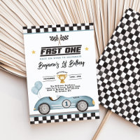 Retro Blue Fast One Race Car Boy 1st Birthday