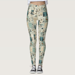 Retro Blue Film White Flower Ephemera Leggings
