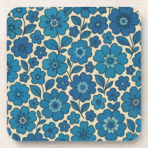 Retro Blue Floral Cork Back Coasters Set of 6