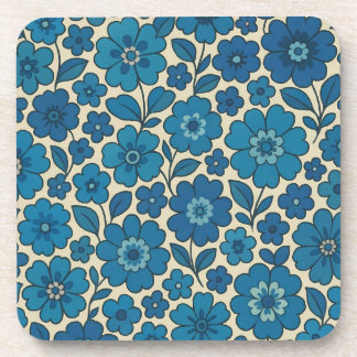 Retro Blue Floral Cork Back Coasters Set of 6