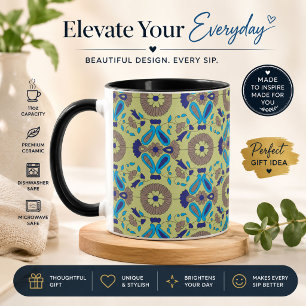 Retro Blue Floral Pattern Accent Mug
