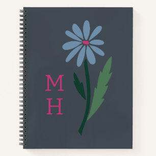 Retro Blue Floral Pink Monogram Slate Gray Notebook