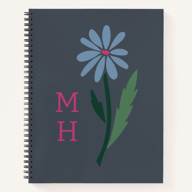 Retro Blue Floral Pink Monogram Slate Gray Notebook (Front)