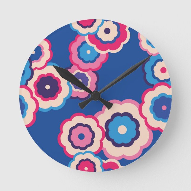 Retro Blue Floral Round Clock (Front)