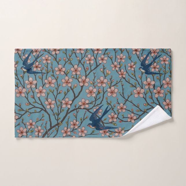 Retro Blue Floral Swallow Pattern by Walter Crane Bath Towel Set (Hand Towel)