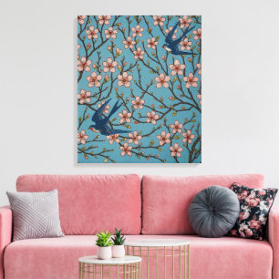 Retro Blue Floral Swallow Pattern by Walter Crane Canvas Print