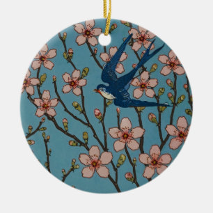 Retro Blue Floral Swallow Pattern by Walter Crane Ceramic Tree Decoration