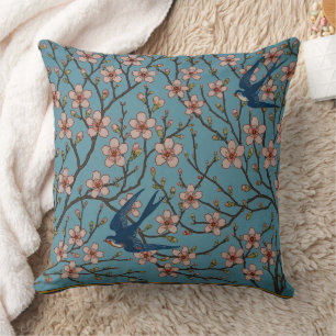 Retro Blue Floral Swallow Pattern by Walter Crane Cushion
