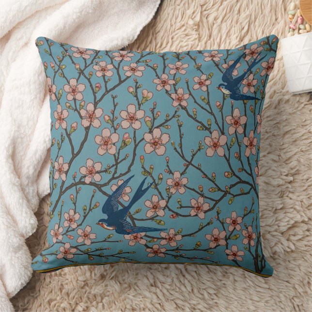 Retro Blue Floral Swallow Pattern by Walter Crane Cushion (Blanket)