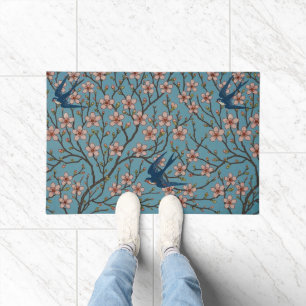 Retro Blue Floral Swallow Pattern by Walter Crane Doormat