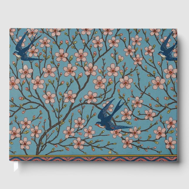 Retro Blue Floral Swallow Pattern by Walter Crane Guest Book (Front)