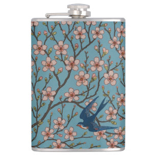 Retro Blue Floral Swallow Pattern by Walter Crane Hip Flask