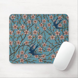 Retro Blue Floral Swallow Pattern by Walter Crane Mouse Mat