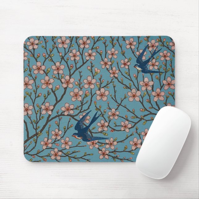 Retro Blue Floral Swallow Pattern by Walter Crane Mouse Mat (With Mouse)