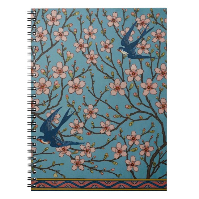 Retro Blue Floral Swallow Pattern by Walter Crane Notebook (Front)