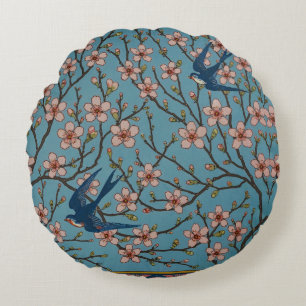 Retro Blue Floral Swallow Pattern by Walter Crane Round Cushion